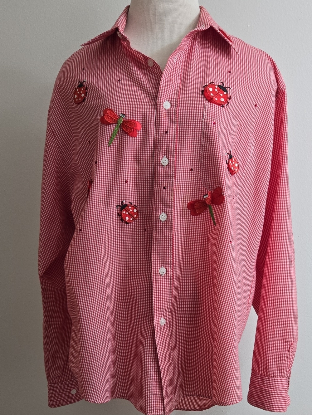 Women's Pink Gingham Button-Down Shirt with Embroidered Ladybugs